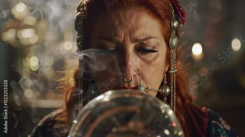 A woman in a magic salon is guessing on a crystal ball