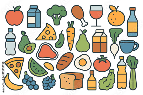 The collection includes isolated cartoon illustrations of food and drink on a white background, along with a variety of grocery food icons and healthy eating choices