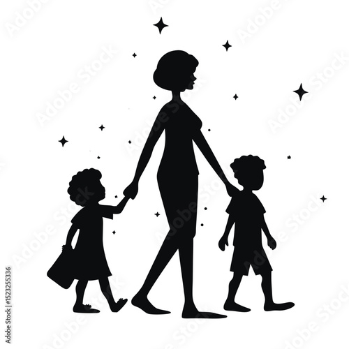 Silhouette of a mother walking with two children holding hands.