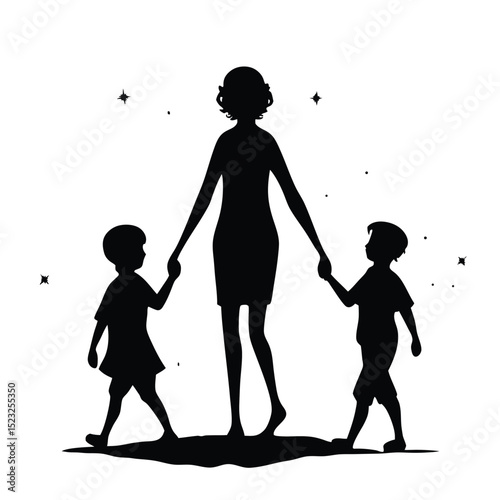 Silhouette of a mother walking with two children holding hands.