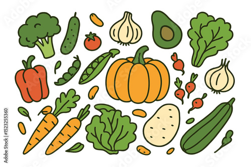 A large bundle of tasty, fresh vegetables, illustrated in a colorful hand-drawn style, is prominently displayed on a white background, symbolizing healthy and wholesome food choices, all depicted in