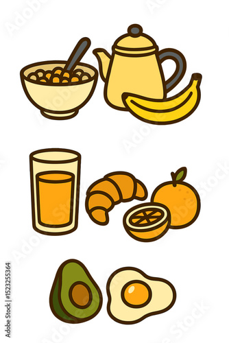 A healthy breakfast to start the morning features a variety of foods like cereals, tea or coffee, banana, juice, croissant, avocado, egg, and orange, showcased in three hand-drawn vector