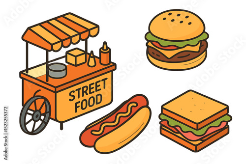 A creative design idea featuring street food items like burgers, hot dogs, and sandwiches is presented through isometric vector illustrations in a flat style