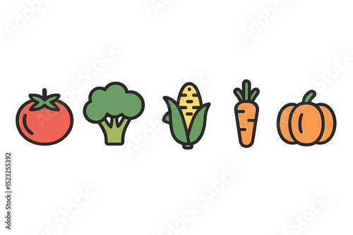 The collection includes outline pictograms of fresh produce such as tomatoes, broccoli, corn, peppers, carrots, and pumpkins, suitable for a vegetarian grocery store