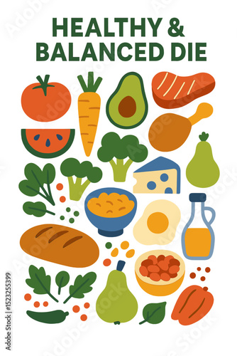 Vector illustration of a flat lay featuring cartoon food items and ingredients on white, symbolizing a healthy and balanced diet with a variety of colors