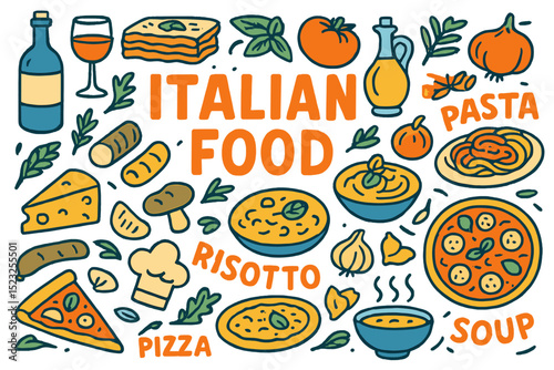Vector set of hand drawn Italian food doodles with lettering in orange