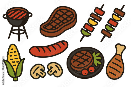 A set of delicious dishes for a barbecue party, including grilled meat and vegetarian options, is depicted in a vector illustration on a white background