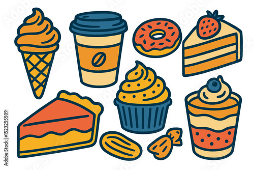 A vector illustration collection showcasing sketchy desserts, sweet food, and a paper coffee cup