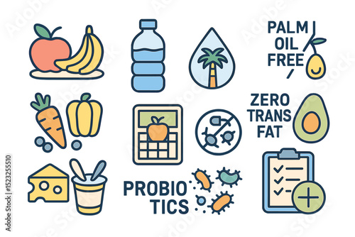 The collection of healthy food linear icons includes a range of items such as food, vegetables, water, and more