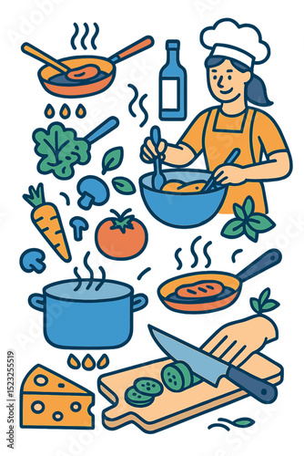 Meal preparation is underway in the background through a cooking process using food ingredients in vector form