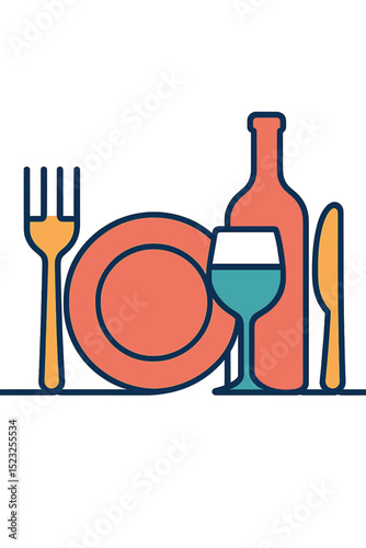 A continuous line drawing of a plate, fork, knife, wine bottle, and glass, created as a vector illustration for menu food design purposes