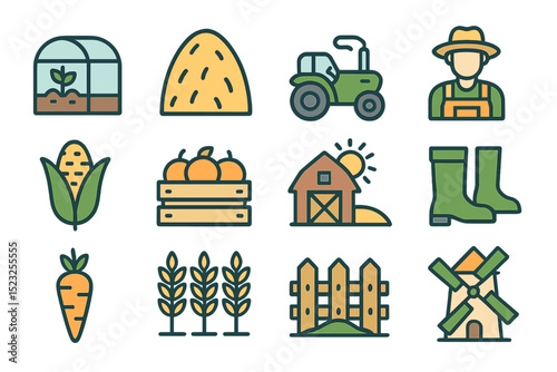 The Farm, Farming, Agriculture icon set is comprised of outline icons, including those for Greenhouse, Haystack, Harvest, and more, in a simple vector format