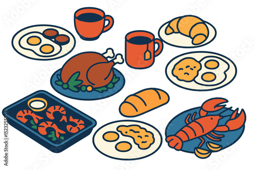 Breakfast and dinner dishes, featuring fried eggs, tea, coffee, turkey, croissant, shrimps, and lobster, are presented on plates and trays in a flat vector style