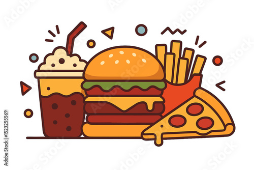 A cartoon illustration of unhealthy fast food meals including burgers, sandwiches, hamburgers, and pizzas from a restaurant menu as vector snacks