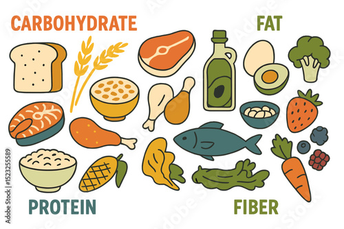 A vector illustration of a health food set, including sources of carbohydrates, proteins, fats, and fibers, with items like meat, cereal, seafood, vegetables, fruits, and berries, all hand-drawn in a