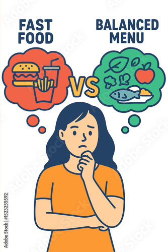 The concept of dieting, healthy lifestyle, and weight loss is represented by a cartoon woman deciding between fast food and a balanced menu