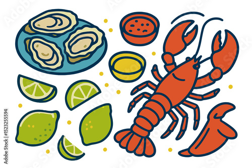 The Mediterranean food ingredients, comprising 315 oyster lobster lobster, sauce, butter, oysters, shells, lime, and a seafood set, are depicted in a detailed vector drawing
