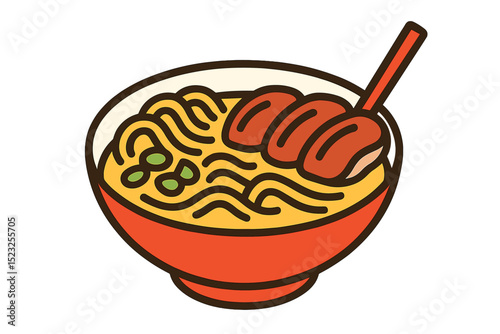 Isolated vector illustration depicting a bowl of traditional Eastern Asian dish, consisting of noodle soup with sliced pork, Ramen, and Chinese food with beef and vegetables