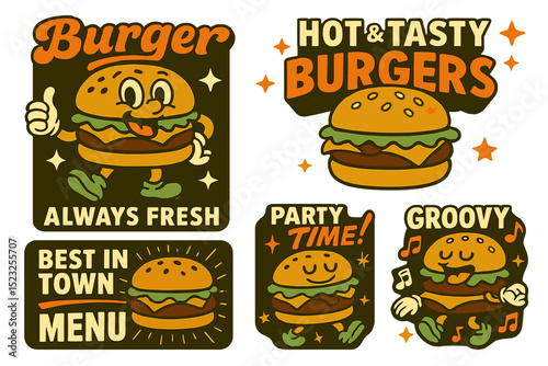 Burger-themed retro cartoon fast food posters, cards, and other design elements, including comic characters and slogans, can be utilized for a cafe or restaurant, providing a template for menus