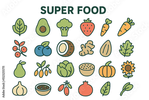 The collection consists of outline icons representing various healthy and natural products, such as fruits, vegetables, berries, nuts, roots, and seeds, used for detox and diet purposes