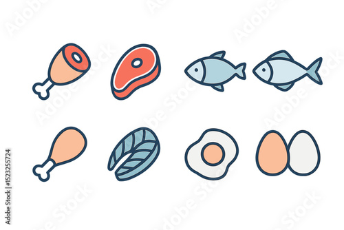 The icon set, which includes meat, poultry, fish, and eggs, is depicted in a minimal thin line style as part of an outline icons collection and simple vector illustration