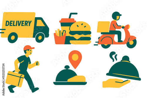 A collection of colorful vector illustrations featuring delivery service, fast food, food delivery, and courier service on a white background is available