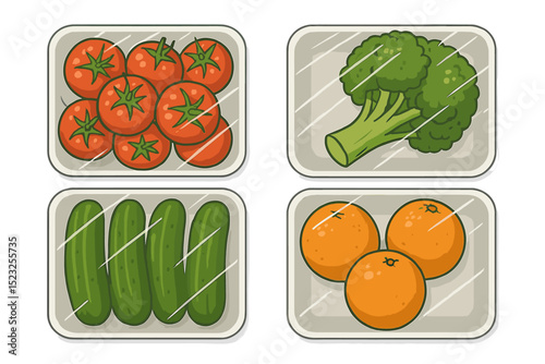 A set of vector cartoons depicting fresh food in styrofoam containers and plastic trays, containing fruits and vegetables wrapped with transparent film, typically seen in stores and supermarkets