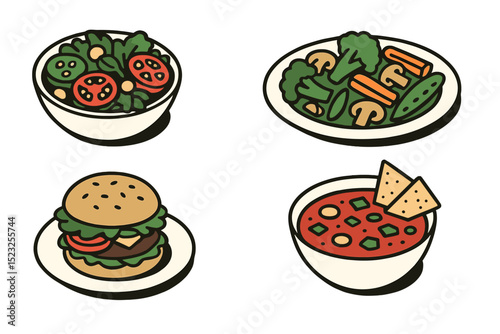 Vector illustrations of vegetarian dishes are presented in isometric form on a white background