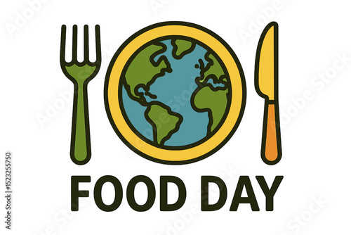 A single line art design for World Food Day incorporates the earth or globe with a plate, knife, and fork, and includes the text Food Day