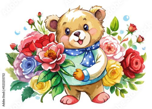 Teddy Bear Holding Roses SVG – Watercolor Romantic Clipart for Valentine’s Day, Nursery Decor, and Greeting Cards