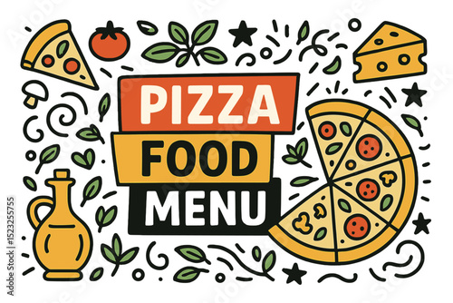 A vector illustration design banner with doodle style hand-drawn graphic elements for a restaurant and cafe pizza food menu