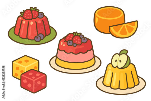 Gelatin desserts, including jello cake and fruit jellies, are presented as sweet food with berries, and are served alongside fresh dishes of orange and apple juicy puddings