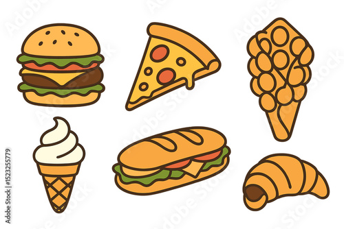 Fast food commonly found on the streets, such as desserts, snacks, and takeaway meals, including burgers, pizzas, sandwiches, bubble waffles, ice cream cones, and croissants with various fillings