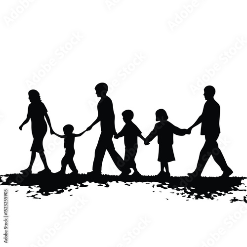 Blended family walking hand in hand silhouette