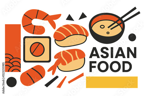 A geometric banner with a minimal background representing Asian food, including Japanese and Chinese seafood such as sushi, shrimp, sashimi, and salmon soup, in vector design