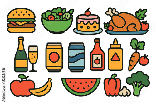 A set of flat vector illustrations features various food products, beverages, and ingredients, all isolated on a white background
