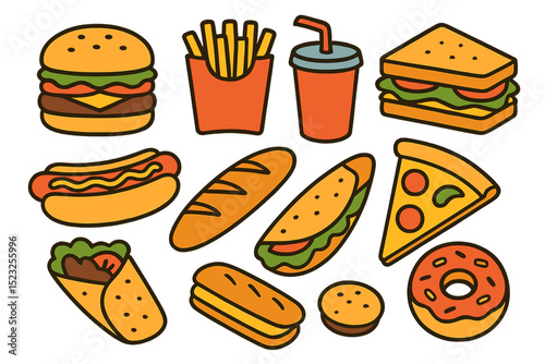 The list of fast food items includes hamburgers, fries, hotdogs, drinks, sandwiches, baguettes, pizzas, tortilla wraps, and donuts