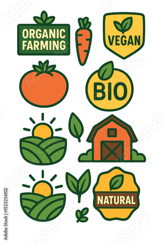 Organic farm products, vegan and bio symbols are all included in this set of natural farming icons