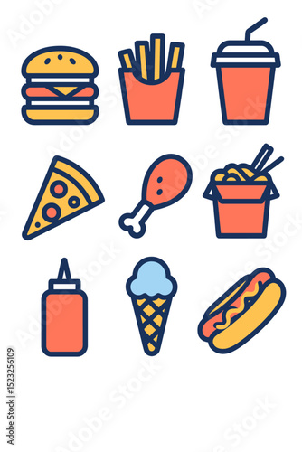 The web icon set features a range of vector icons with a thin line design, all centered around the concept of fast food