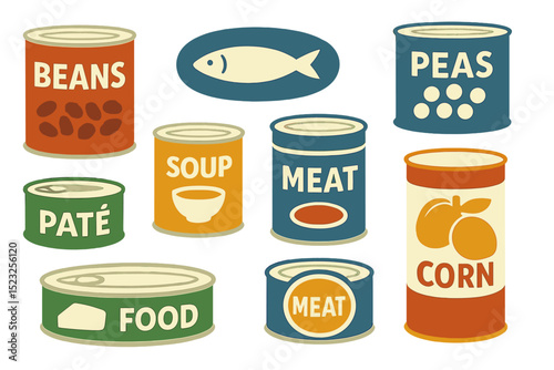 A grocery store's collection of canned food and goods in metal containers, shown in a vector illustration with aluminum labels for preserving and storing products