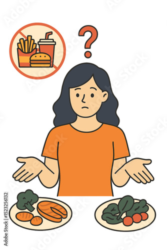 The concept of a woman selecting between healthy and unhealthy food is illustrated in a flat vector graphic, showcasing a comparison between fast food and a balanced diet through isolated clipart