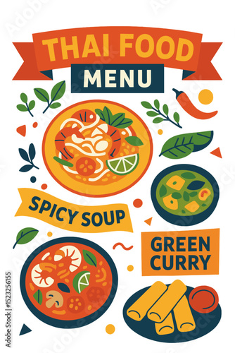 Thai cuisine menu displayed on a white wooden table at a restaurant, ideal for creating posters, prints, flyers, or brochures