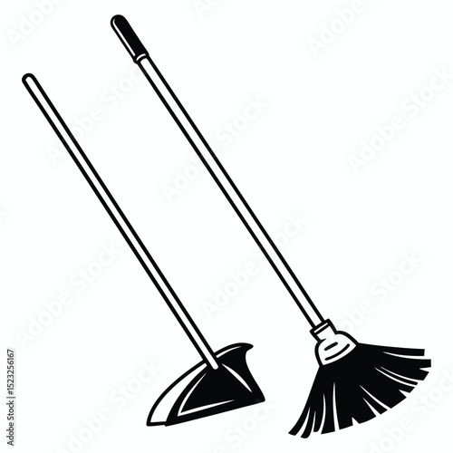 Broom and shovel cleaning tools isolated on white background