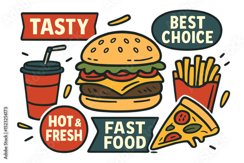 Fast food hamburger graphics are depicted in a set of black and white sketches as isolated vector illustrations