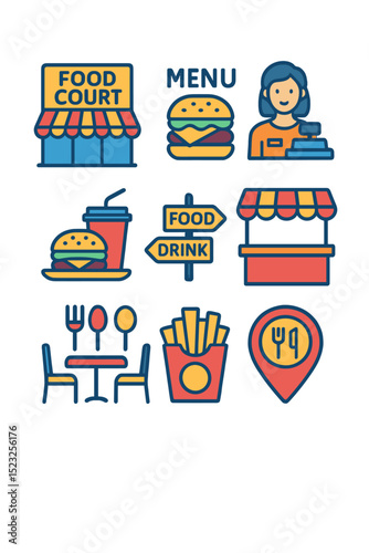 A vector icon set featuring food courts is provided in outline form, suitable for web design and isolated on white
