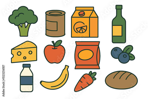 A collection of assorted grocery items, comprising fruits, vegetables, drinks, snacks, and canned goods, is presented in a vector flat illustration, with all elements isolated on white, highlighting