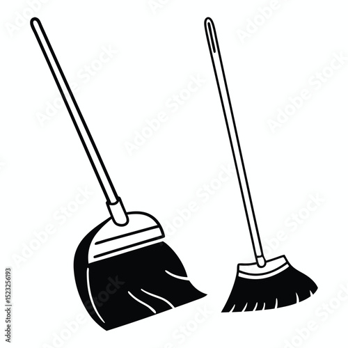 Cleaning and gardening tools including broom shovel dustpan mop and bucket