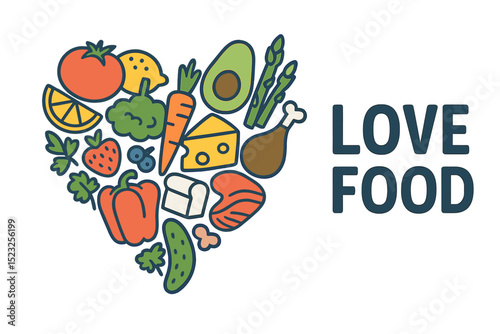 A colourful heart made up of healthy food items like vegetables, fruits, dairy, and meat is the central element of this vector illustration, which showcases a flat lay of ingredient icons on a white