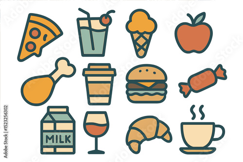 Minimalist vector illustrations of food and drink, created by hand, can be used for postcard art, branding elements, logo designs, and backgrounds