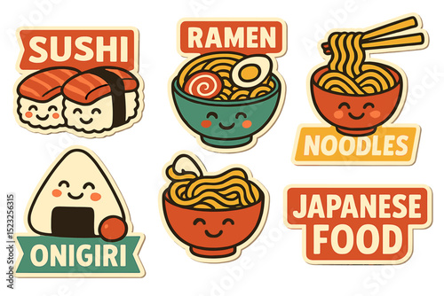 Retro cartoon characters are used in this vector illustration set of Asian food stickers, which includes sushi, ramen, noodles, onigiri, and other Japanese food items for cafes and restaurants